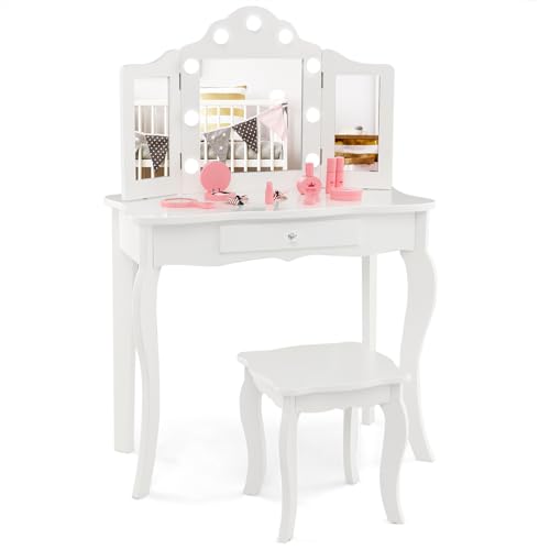 COSTWAY 2 in 1 Kinder Schminktisch mit Beleuchtung, Frisiertisch mit LED-Leuchten, klappbarem Spiegel & Schubladen, Kosmetiktisch Prinzessin für Kinder Mädchen(Weiß)