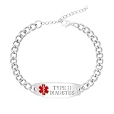 1. Alerte Médicale Gravée – Diabète de Type II : Avec une gravure personnalisée « Diabète de Type II », ce bracelet à chaîne en curb link fournit une identification médicale claire pour un soutien rapide et une réponse d'urgence précise.