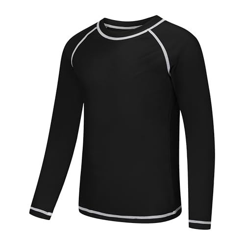 Zoofly UV Shirt Kinder Badeshirt Rashguard-Shirts für Jungen Langarm UPF 50+ Sonnenschutz Rash Vest Kinder UV Kleidung Schwimmen Shirt Schwarz 10-12 Jahre (M)