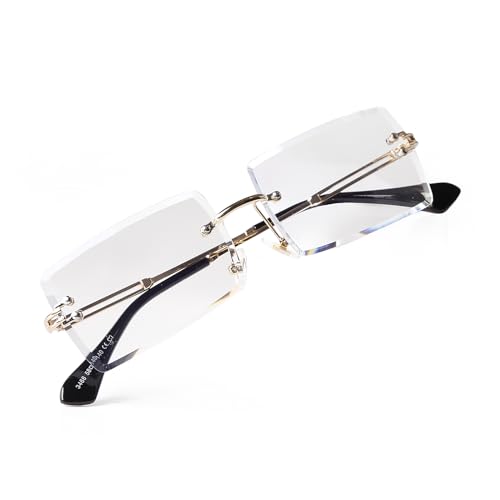 Laurinny Vintage Rimless Sunglasses Fashion Retro Clear Glasses for Women Men Gold Metal Frameless Rectangle Sunnies UV400