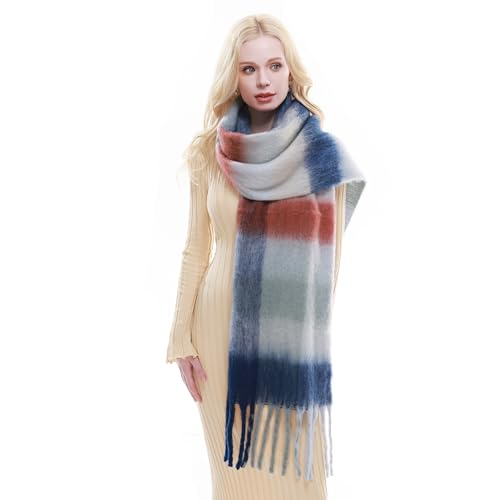 RIIQIICHY Plaid Scarf for Women Chunky Scarves Winter Warm Thick Oversized Blanket Scarf Navy/Grey
