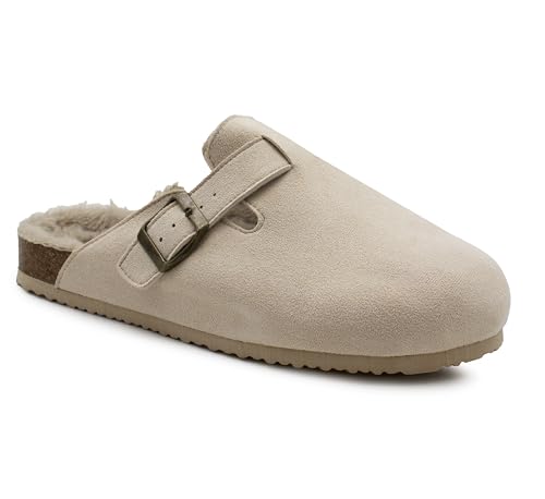 Womens Winter Slippers Faux Fur Lined Suede Clogs Slip On Adjustable Buckle Cork Footbed Backless Mules Ladies Casual Slippers (Beige, 6, UK Footwear Size System, Adult, Women, Numeric, Medium, 6)