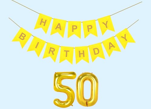 Mystic Toy Store 50th Happy Birthday Decoration Kit Yellow for 50 year Old Boys Girls Women with Number Fifty Party Decorations Decor Celebration Items Item Set Combo Reusable Paper Banner