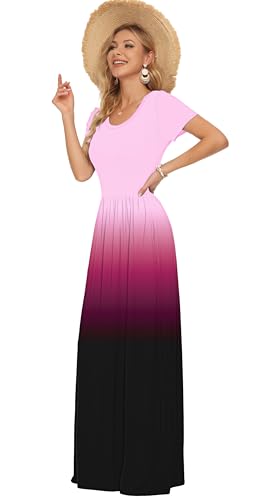 Image of AUSELILY Women's Summer Short Sleeve Loose Plain Casual Long Maxi Dresses | Year Round wear solid floral print, Casual wear, Empire waist, Floor length, Side pockets