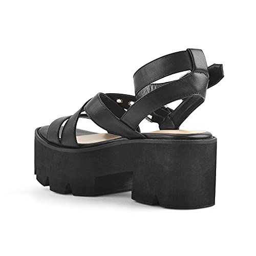 Lishan Women's Platform Sandals Round Open Toe Slingback Backless Ankle Strappy Buckles Block Chunky High Heels Solid Pu Upper Fashion Gothic Shoes Black Size 15 #TOP2