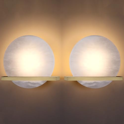 Image of 2 Pack 1 Light 8 inch Round Natural Alabaster Bathroom Wall Sconce Modern Concise Style Wall Light Fixture,Brushed Bronze Finish for Bedroom Hallway Bedside Living Room