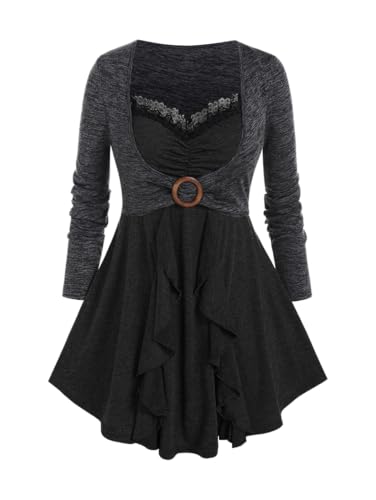 Rosegal Womens Plus Size Ruffles Lace Trim Color Block Space Dye O Ring 2 in 1 Long Sleeve Flowy Two Tone Top