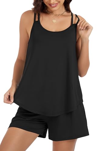 KevaMolly Black Pajama Set for Women 2 Piece Lounge Set Soft Pjs Sets Flowy Sleeveless Tank Top Comfy Shorts Sleepwear with Pockets L
