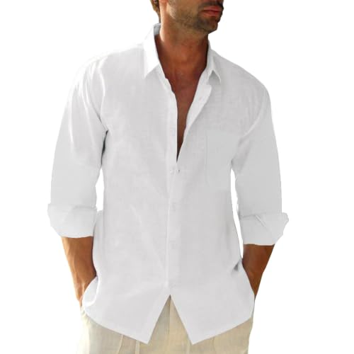 Image of JEKAOYI Mens Button Down Cotton Linen Shirts Casual Long Sleeve Beach Tops