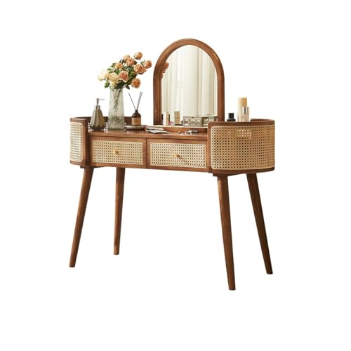 MPOPO Tocador Tocador De Mimbre For Dormitorio, Mueble Vintage Madera Maciza, Escritorio con Cajones Y Espejo