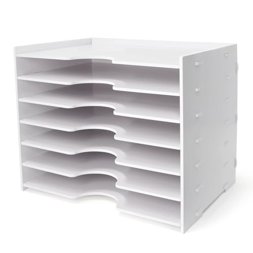 SONGWAY File Organizer for Desk - 7 Tier Wide Document Holder, Letter Mail Tray Storage Rack, A4 Paper Storage Holder, Desktop Organizer for Home Office School, White