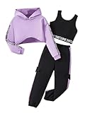 MakeMeChic Girl's Letter 3 Piece Cute Outfits Workout Hoodie Crop Tank and Sweatpants Set Hip Hop Dance Outfits Purple 10 Years