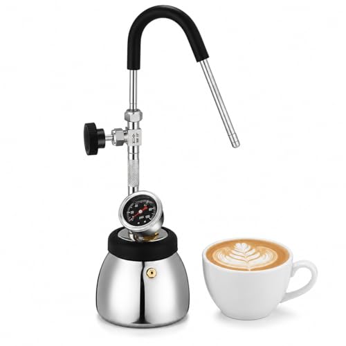 Elprico Milk Frother Stainless Steel Milk Frother and with 3 Hole Nozzle & 4 Bar Steam Air Pressure Gauge Warm Foam Maker for Coffee Tea Induction Cooktop