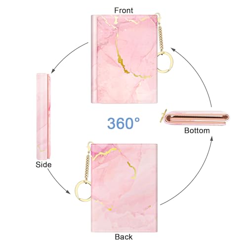 Image of Rouidr Womens Wallet, Small Slim RFID Card Wallets for Women, Cute Front Pocket Trifold Leather Card Organizer with 7 Slots & ID Window, Peach Pink Marble
