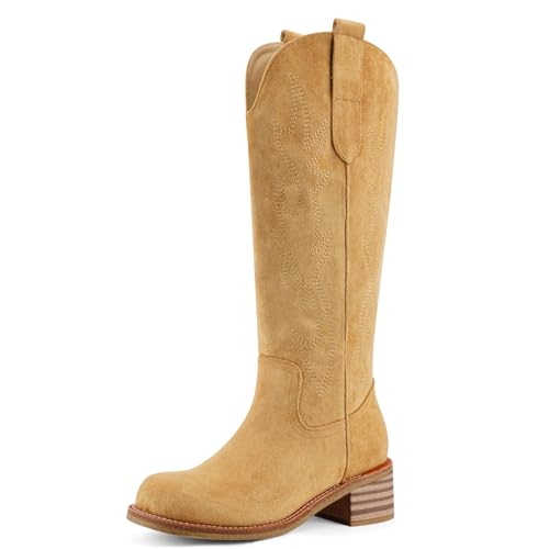 VBDB Wide Calf Boots for Women Beige Cowboy Knee High