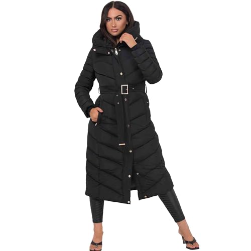 VR2 Denim Women's Black Quilted Puffer Coat with Belt and Hood – Full Body Coverage, Perfect for Winter, Windproof and Water-Resistant, Black Colour, Size- UK 12