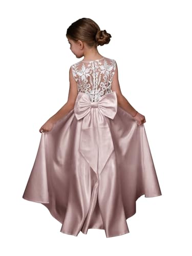 Lace Applique Flower Girl Dress for Wedding Bow Knot Satin Crew Neck Ball Gowns Sleeveless First Communion Long Dress
