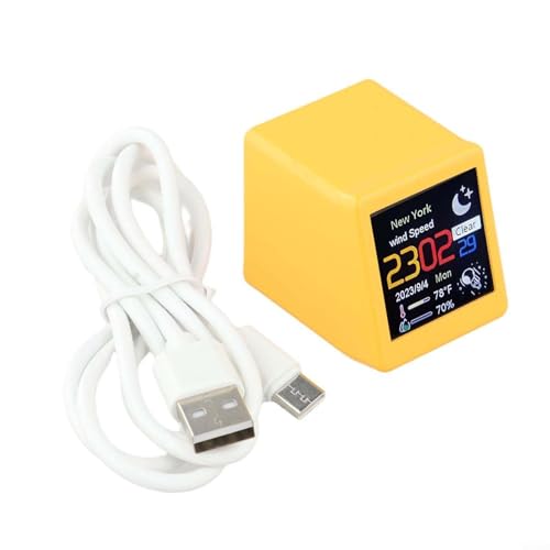 Estación meteorológica inteligente WiFi con pantalla LCD de 1.54 pulgadas, reloj digital y barómetro, pronóstico real para oficina en casa, alimentado por tipo C (blanco) (amarillo)