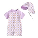 Zweiteiler Kurzarm Schwimmanzug Baby 2-teilig Karierte Badeanzug Mit Sonnenhut Kinder Sommer Sonnenschutz Einteiliger Kleinkind Jungen Strand Bequeme Bademode (Purple, 0-6 Months)