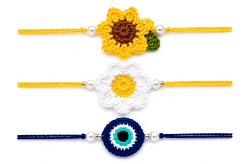 Image of Handmade Crochet Floral Rakhi Set with Pearl Accent | Designer Raksha Bandhan Gift Combo (Pack of 3), sunflower,daisy and evil eye