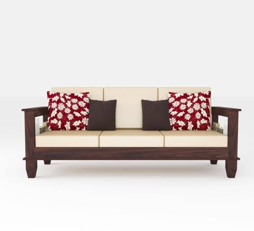 Image of Sheesham Wooden 3 Seater Sofa for Living Room | Rosewood 3 Seater Cushion Sofa for Home & Office | Solid Wood Sofa Set for Lounge (Walnut, 3 Seater)