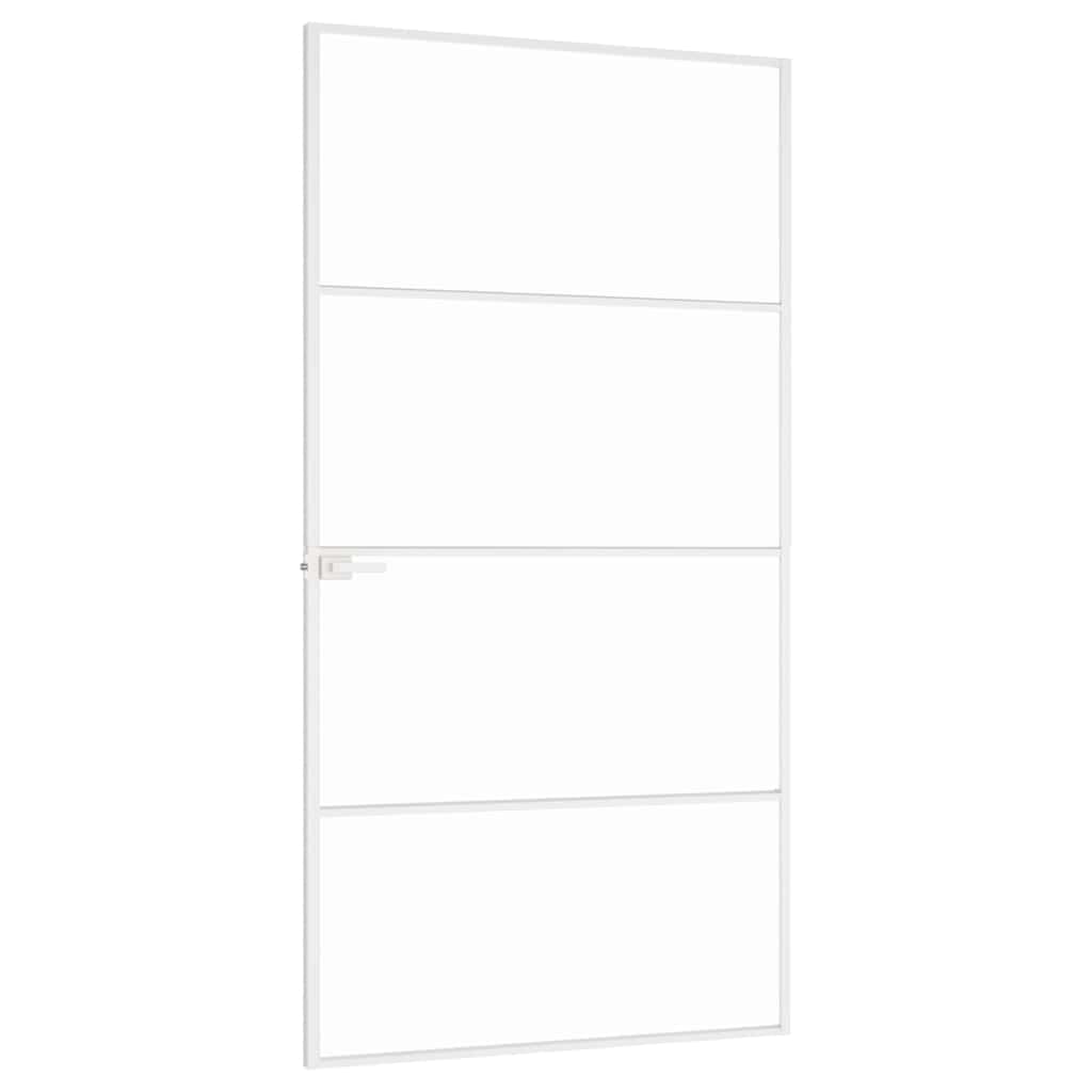 Drzwi wewnętrzne białe 102,5 x 201,5 cm, szkło hartowane z aluminiową ramą, smukły design, duża wkładka szklana, stabilna rama, łatwy montaż, nowoczesna atmosfera mieszkania, trwałe i