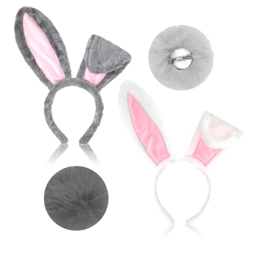 HTGWCG Conjunto de acessórios de coelho, 4 peças orelhas de coelho e esponjoso, disfarce para Halloween, Páscoa, Natal (cinzento e branco)