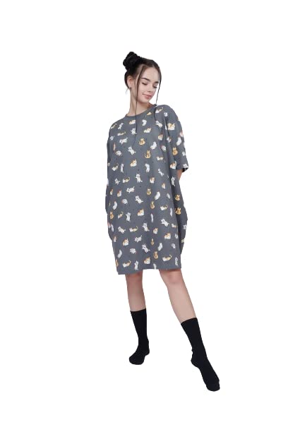 Image of LAMA STORE Women's Printed Oversized T-Shirt Dress, Cotton, 3 /4 Sleeve Length, Casual Loose Fit, Comfort Wear Extra Comfy Oversized Printed Pocket T-Shirt Dress