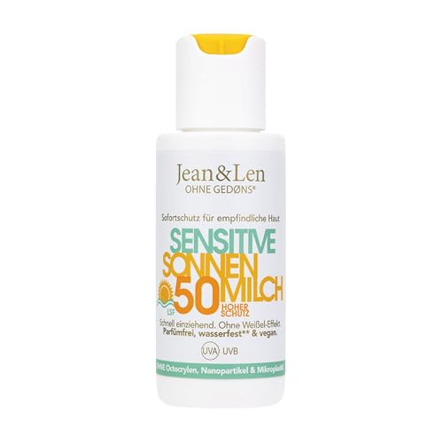 Jean & Len Sensitive Sonnenmilch LSF 50 wasserfest Sofortschutz für Gesicht & Körper mit Vitamin E mit UVA + UVB Filter zieht schnell ein ohne Parfum vegane Reisegröße 50 ml