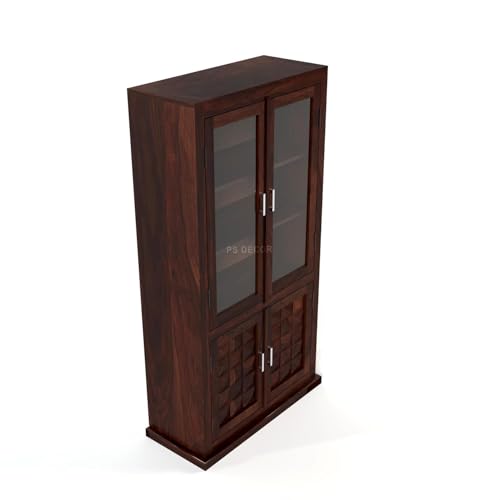 Image of Solid Sheesham Wood Book Shelf with Acrylic Glass Doors and Storage Cabinet | Rosewood Display Unit with 4 Doors for Living Room (Walnut Finish)