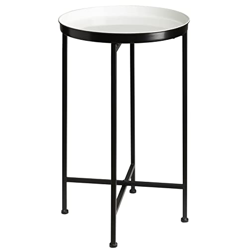 Teokj Black Accent Table, Folding Round Black Metal Side Table With Tray Top Waterproof Small Nightstand Circle End Table For Bedroom Living Room Small Spaces 25.75 Inch Black + White #TOP30