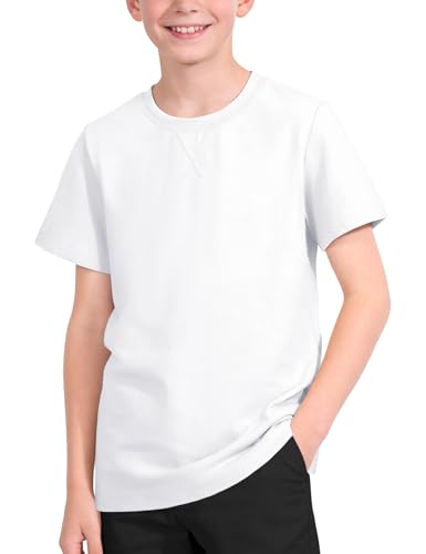 Auranso Boys T Shirts Kids Short Sleeve Shirts for Boys Crewneck Cotton Tshirts Basic Casual Tops Tees Summer Clothes 11-12 Years White