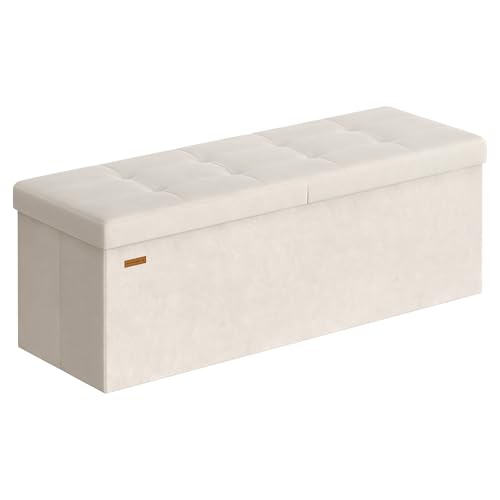 SONGMICS Storage Ottoman, Foldable Storage Bench, 38 x 110 x 38 cm, Flipping Lid, 300 kg Load Capacity, for Hallway, Living Room, Bedroom, Velvet Fabric, Cappuccino Beige LSF078LH02