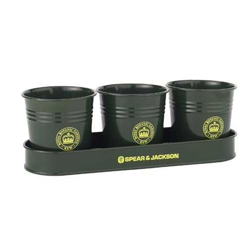 Spear & Jackson Kew Gardens Urban Oasis Set 3 Vasi con Vassoio, Fioriera da Interno in Acciaio Zincato per Erbe Aromatiche, Piantine e Bulbi, Verde