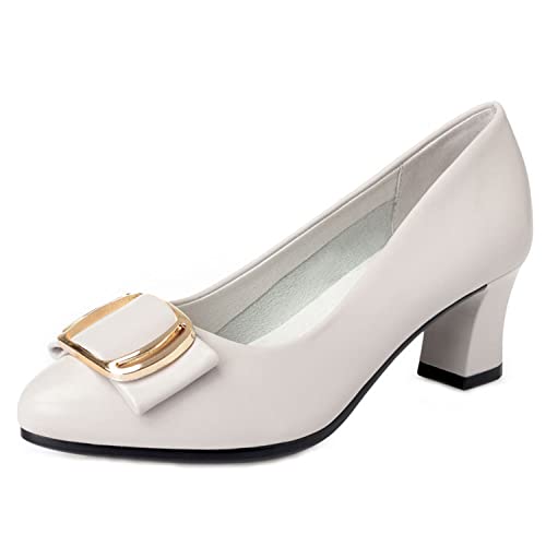 bbruriy Women Chunky Block Heel Pumps Closed Round Toe Slip on Low Heels 1.7Inches Classic Chunky Heel Pumps Formal Dress Shoes with Metal Buckle