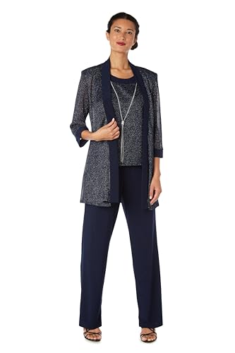 R&M Richards Womens Elegant Metallic Rib Knit Twinset Pant Suit - 2-Piece Dressy Jacket & Straight Leg Trousers Pant Set