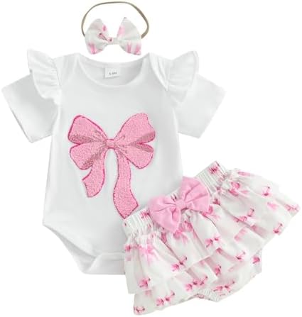 Baby Girl Summer Clothes Bow Embroidery Short Sleeve Romper Bodysuit Ruffle Shorts Set Cute Newborn Baby Girl Clothes(A-Pink Bow,3-6 Months)