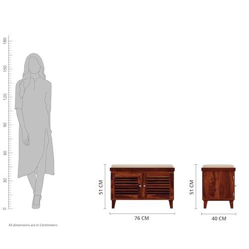 Image of Amazon Brand - Solimo Giljan Solid Sheesham Wood Shoe Storage Cabinet with Seating Bench, Honey Finish, 2 Doors