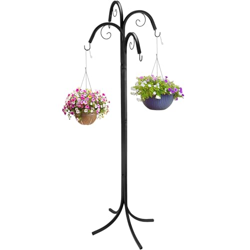 Romooa 4 Way Scroll Basket Hanger Plant Hook, Black Shepherds Hook for Outdoor Heavy Duty, Garden Hanging Plant Stand for Hanging Baskets for Outdoor & Indoor Use, 72 Inch