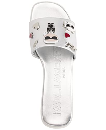 Karl Lagerfeld Paris Women's Jeslyn Effortlessly Fashionable Slide-On Shoes With Bold Klp Pins Flat Sandal, Silver, 10 #TOP3