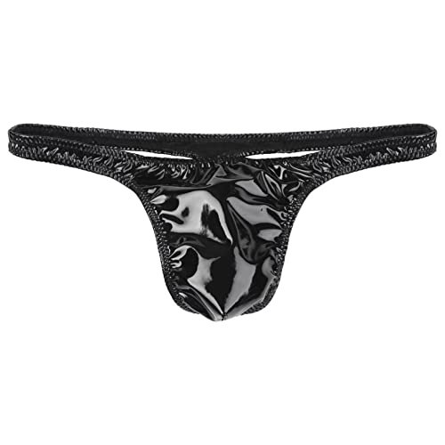 Lejafay Men's Bulge Pouch Thongs Low Rise Patent Leather Shiny Metallic PVC Leather Cheeky G-String