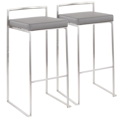Butacos de altura para barra, modernos y acolchados, tapizados en cuero sintético gris, base de acero inoxidable cuadrada con patas tipo trineo y reposapiés, juego de 2 unidades