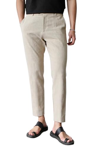 Image of GINGTTO Linen Pants Men Slim Fit Elastic Waistband Lightweight Summer Beach Fashion Casual Pant