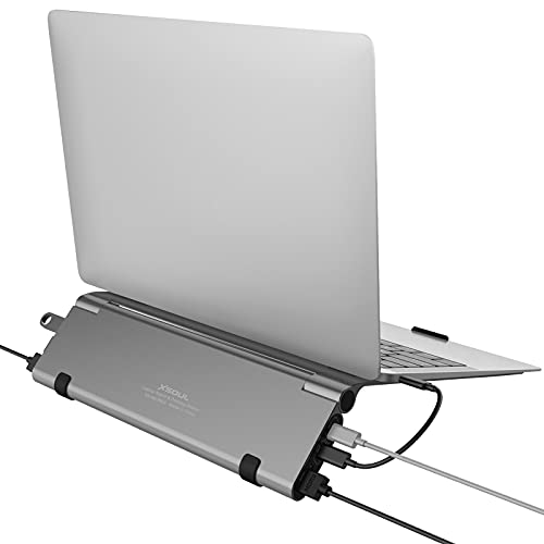 XSOUL Laptop Stand, with 6 in 1 USB C Hub, Aluminum Foldable Adjustable Portable Laptop Holder with USB C Adapter, 4K HDMI, 100W Power Delivery, 3 USB3.0 Ports, Compatible for 10 to 17 inch Laptops