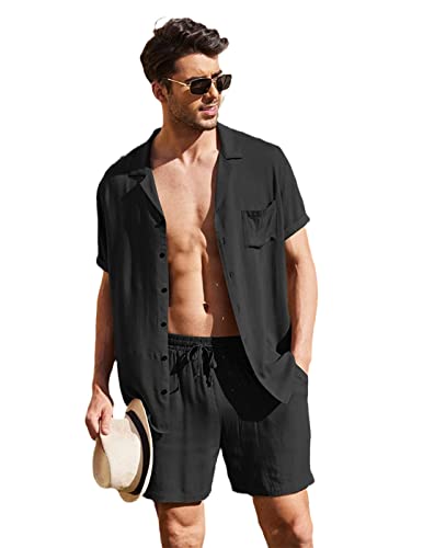 Ensemble chemise d'été homme coton lin noir M décontracté