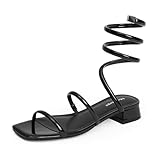 Modatope Two Strap Square Open Toe Sandals Black Strqappy Low Block Heels Spiral Ankle Warp Strap Gladiator Sandals Size 7.5