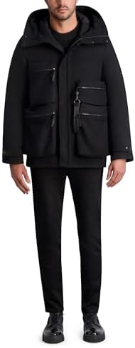 KARL LAGERFELD Men&#39;s Long Sleeve Four Front Pockets Wool Blend Hooded Jacket