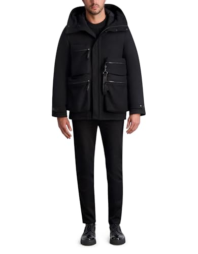 KARL LAGERFELD Men's Long Sleeve Four Front Pockets Wool Blend Hooded Jacket