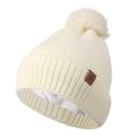 Guiqulai Winter Hat for Women Knitted Slouchy Beanie with Faux Fur Pompom Thick Baggy Hat for Cold Weather White