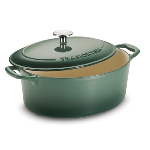 Image of TRAMONTINA Bestow Oval Dutch Oven 6.6L with Lid | Enameled Cast Iron Casserole Pot & Biryani Pot | Even Heat Retention | Low Oil Healthy Cooking | No Seasoning Required | All Cooktops Compatible | Green